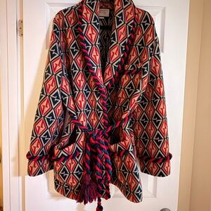 Gucci Red, Navy & Cream Geometric Wool Belted Cape Coat
